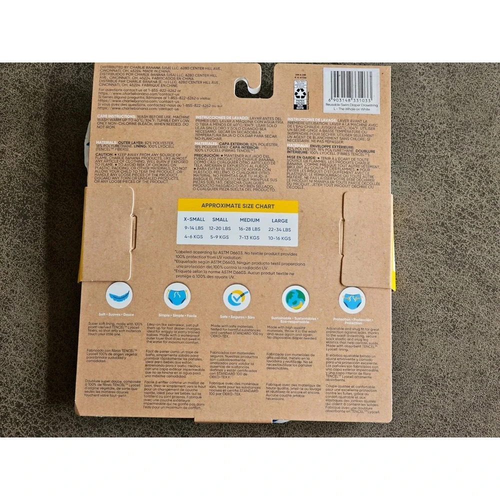Charlie‎ Banana Swim Diaper Large (22-34lbs) Reusable Whale Fish on White NEW